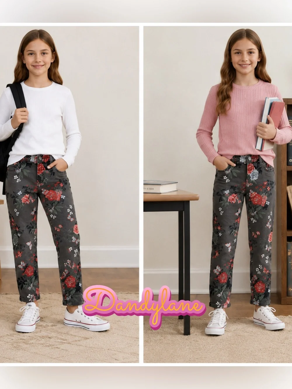 GAP Girls Floral Stretch Jeggings Size 8 Gray Pink Adjustable Waist